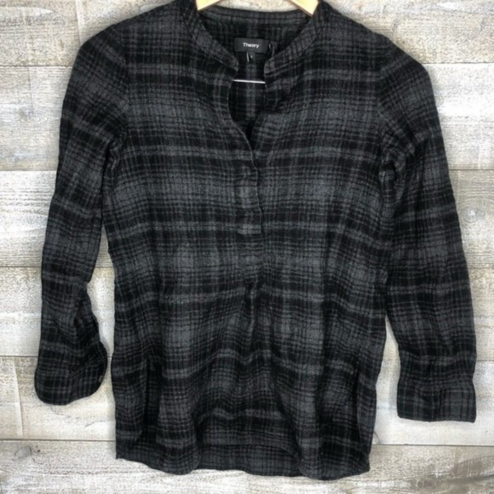 Theory 100% wool small grey plaid shirt 3/4 sleeves